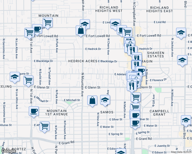 map of restaurants, bars, coffee shops, grocery stores, and more near 1410 East Adelaide Drive in Tucson