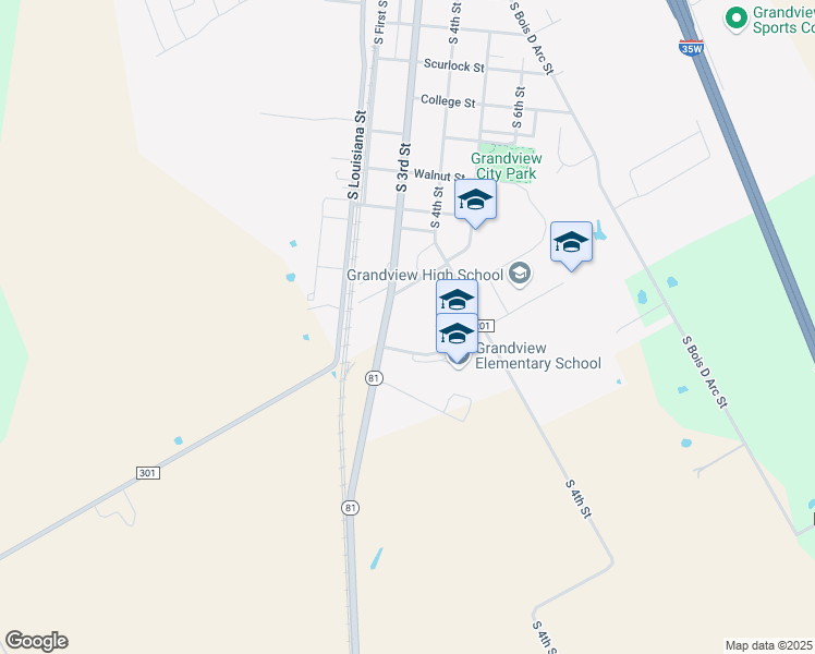 map of restaurants, bars, coffee shops, grocery stores, and more near 901 South 3rd Street in Grandview