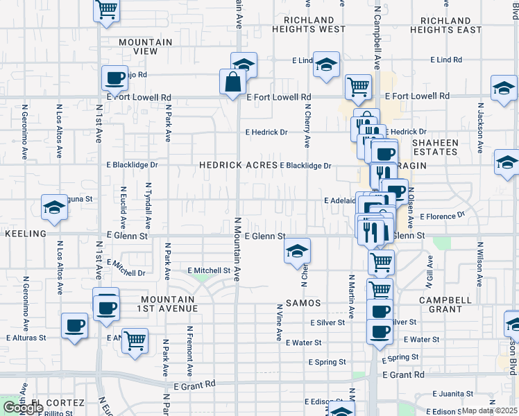 map of restaurants, bars, coffee shops, grocery stores, and more near 2848 North Mountain Avenue in Tucson