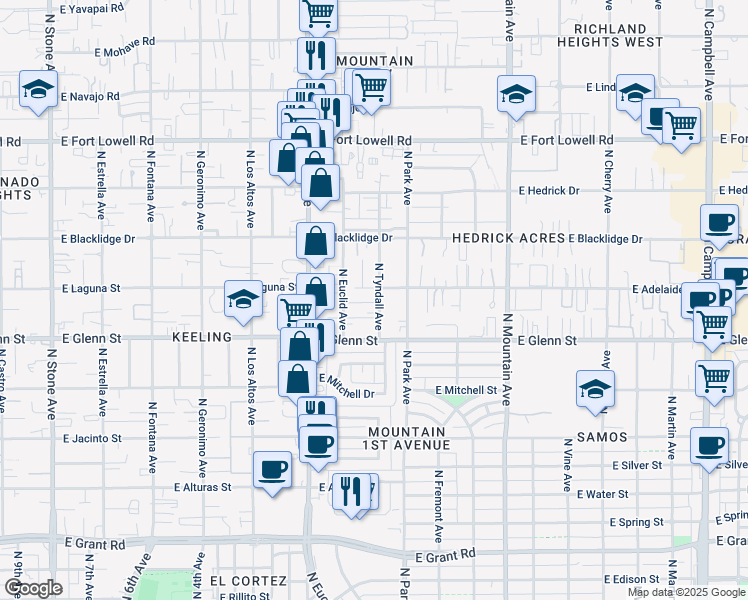 map of restaurants, bars, coffee shops, grocery stores, and more near 2887 North Tyndall Avenue in Tucson