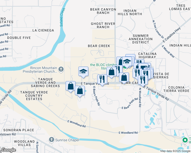 map of restaurants, bars, coffee shops, grocery stores, and more near 8701 East Tanque Verde Road in Tucson