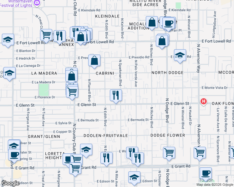 map of restaurants, bars, coffee shops, grocery stores, and more near 2884 North Sparkman Boulevard in Tucson