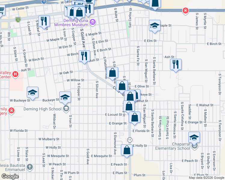 map of restaurants, bars, coffee shops, grocery stores, and more near 310 East Olive Street in Deming