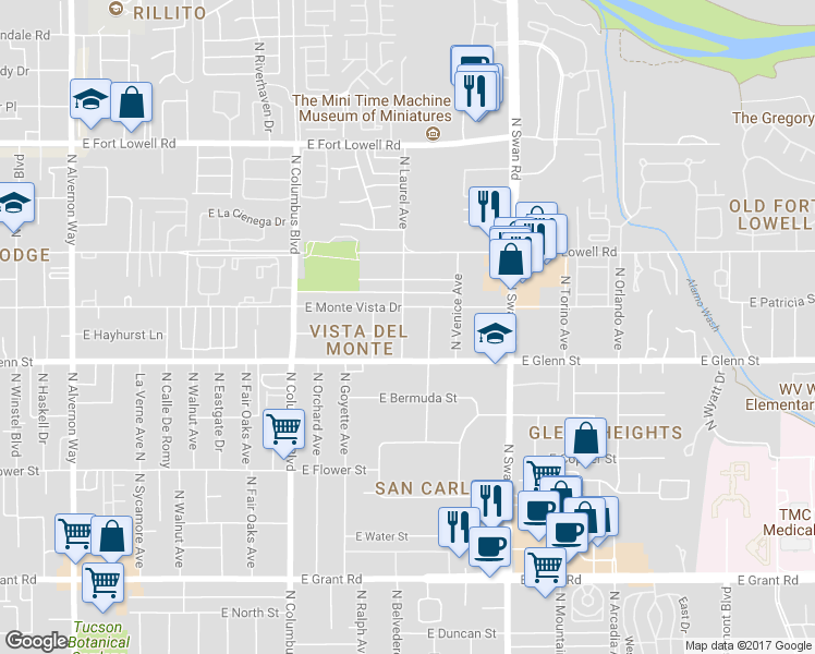 map of restaurants, bars, coffee shops, grocery stores, and more near 2842 North Laurel Avenue in Tucson