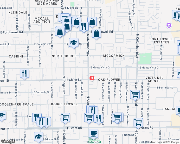map of restaurants, bars, coffee shops, grocery stores, and more near 2850 North Alvernon Way in Tucson