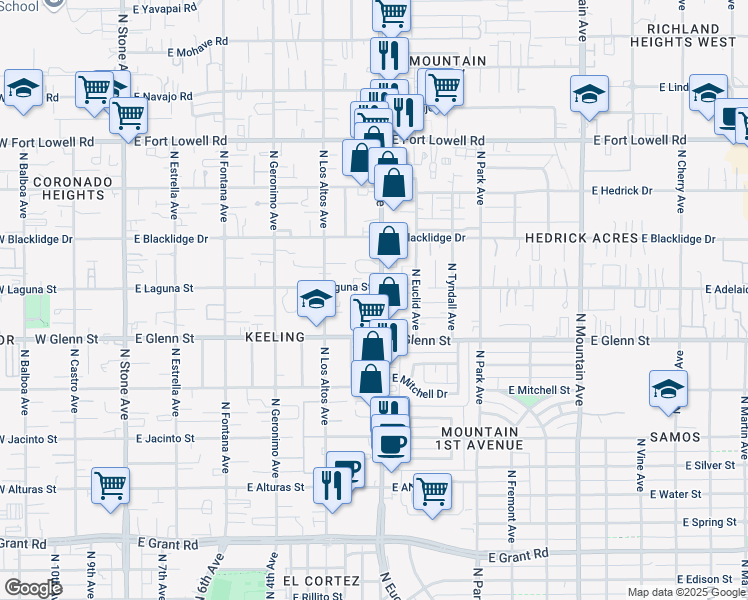 map of restaurants, bars, coffee shops, grocery stores, and more near 2849 North 1st Avenue in Tucson