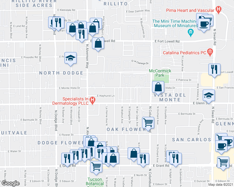map of restaurants, bars, coffee shops, grocery stores, and more near 2850 North Sycamore Avenue in Tucson