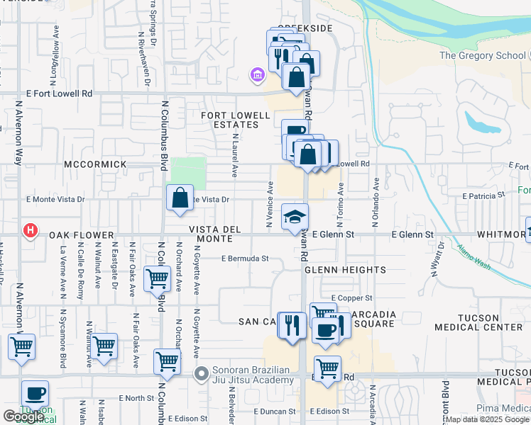 map of restaurants, bars, coffee shops, grocery stores, and more near 2841 North Venice Avenue in Tucson