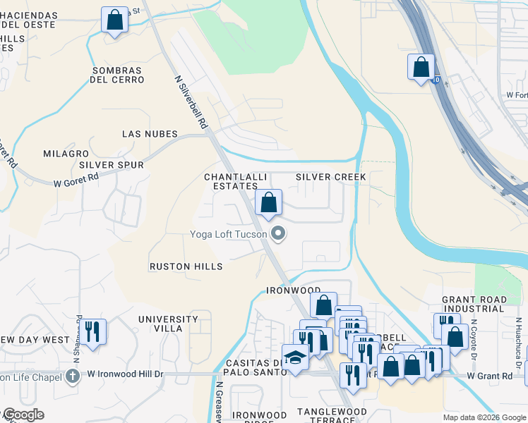 map of restaurants, bars, coffee shops, grocery stores, and more near 2367 West Silver River Way in Tucson