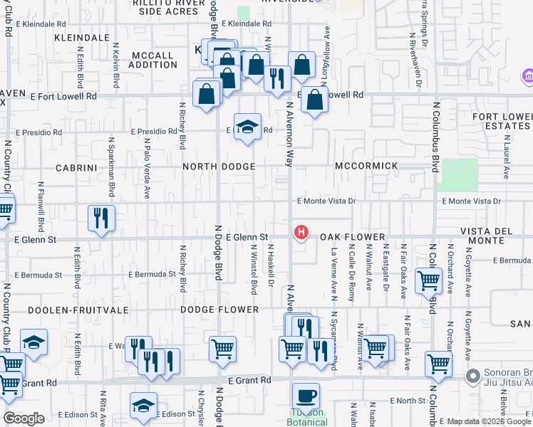 map of restaurants, bars, coffee shops, grocery stores, and more near 3810 East Monte Vista Drive in Tucson