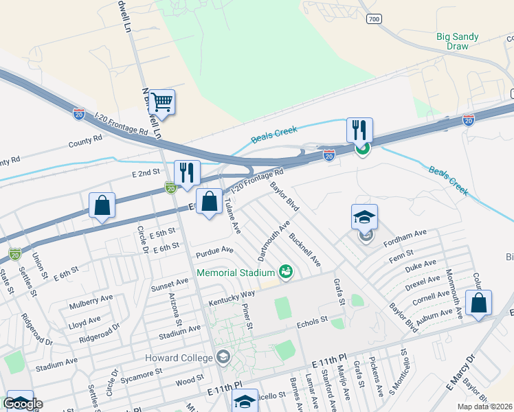map of restaurants, bars, coffee shops, grocery stores, and more near 3000-3012 Rutgers Ave in Big Spring