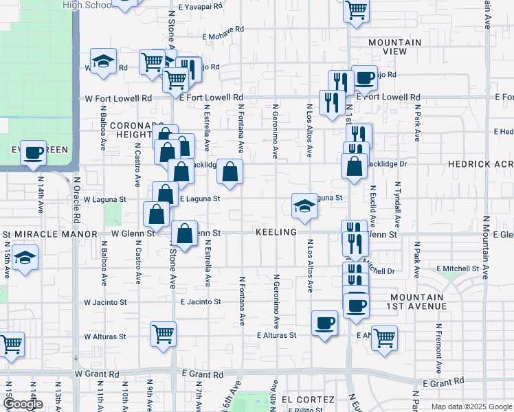 map of restaurants, bars, coffee shops, grocery stores, and more near 330 East Laguna Street in Tucson