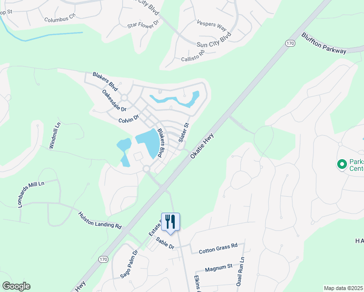 map of restaurants, bars, coffee shops, grocery stores, and more near 118 Slater Street in Bluffton