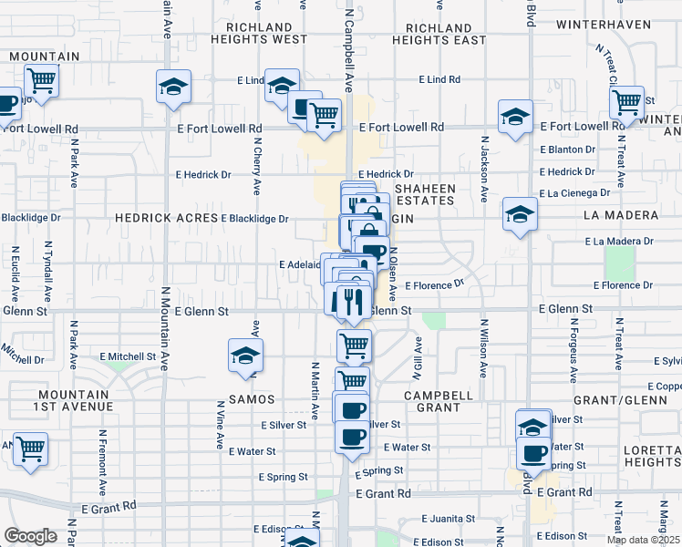 map of restaurants, bars, coffee shops, grocery stores, and more near 2885 N Campbell Ave in Tucson