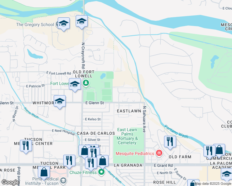 map of restaurants, bars, coffee shops, grocery stores, and more near 5701 East Glenn Street in Tucson