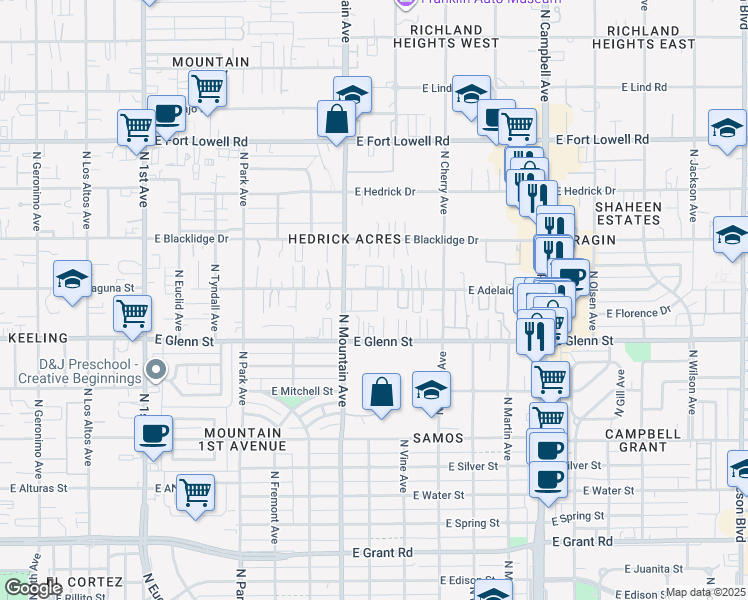 map of restaurants, bars, coffee shops, grocery stores, and more near 1410 East Adelaide Drive in Tucson