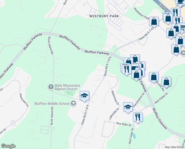 map of restaurants, bars, coffee shops, grocery stores, and more near 22 Phoenix Road in Bluffton
