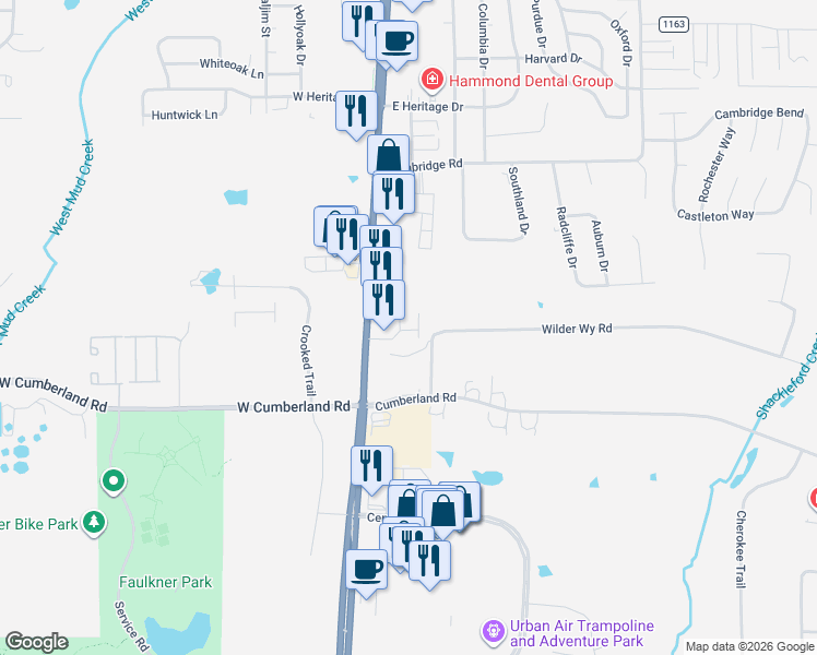 map of restaurants, bars, coffee shops, grocery stores, and more near 301-331 Wilder Way in Tyler