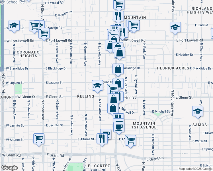 map of restaurants, bars, coffee shops, grocery stores, and more near 532 East Laguna Street in Tucson
