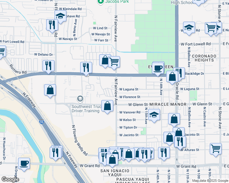 map of restaurants, bars, coffee shops, grocery stores, and more near 118 North Fairview Avenue in Tucson