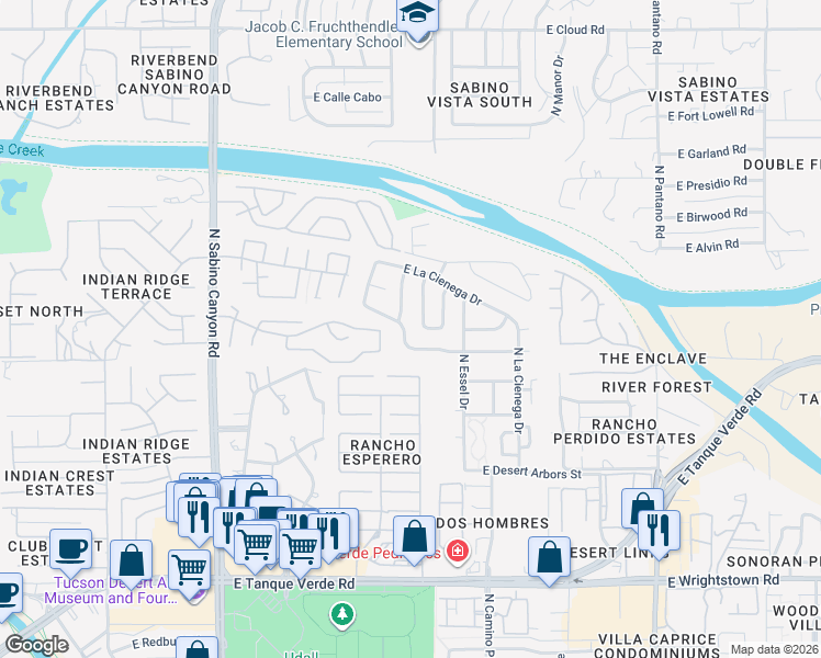 map of restaurants, bars, coffee shops, grocery stores, and more near 7431 East Rio Verde Drive in Tucson