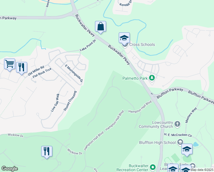 map of restaurants, bars, coffee shops, grocery stores, and more near 40 Shelburne Street in Bluffton