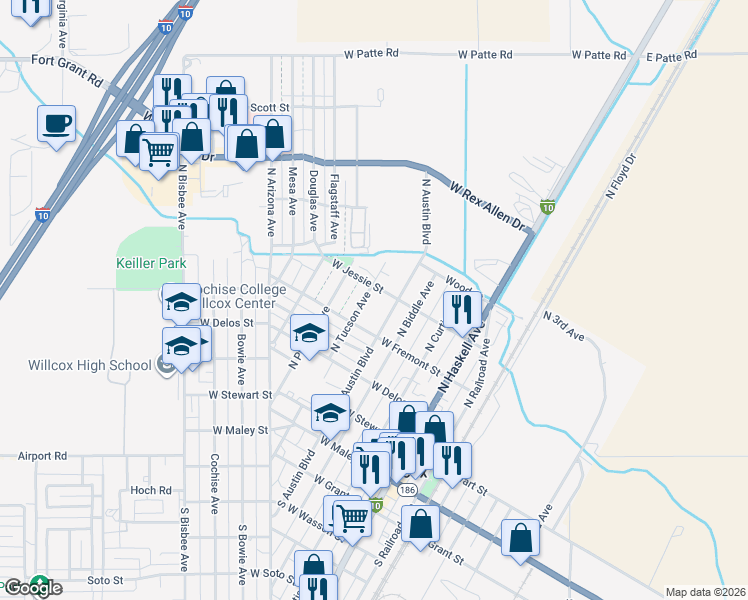 map of restaurants, bars, coffee shops, grocery stores, and more near 572 North Tucson Avenue in Willcox