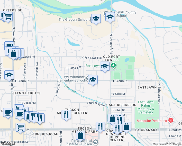 map of restaurants, bars, coffee shops, grocery stores, and more near 2872 North Beverly Avenue in Tucson