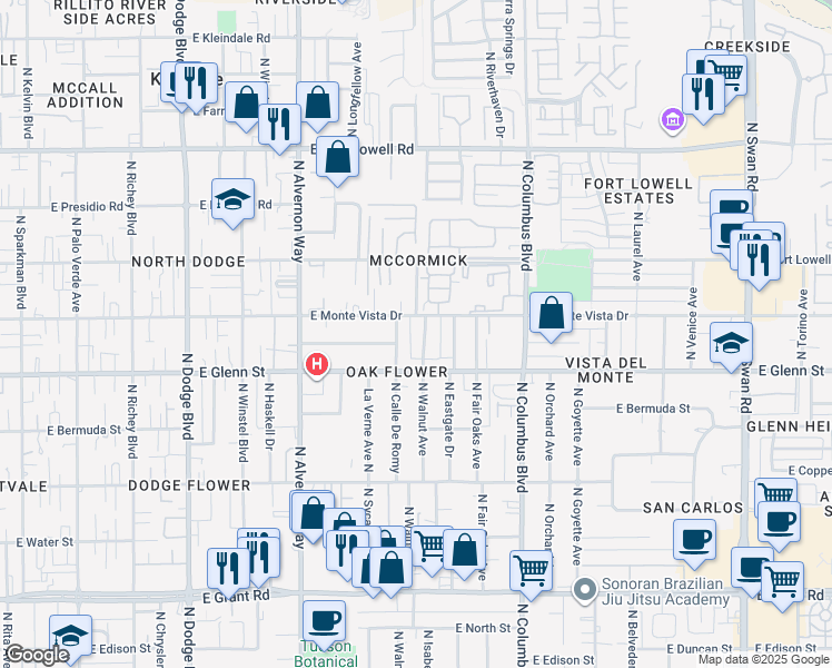 map of restaurants, bars, coffee shops, grocery stores, and more near 2850 North Sycamore Avenue in Tucson