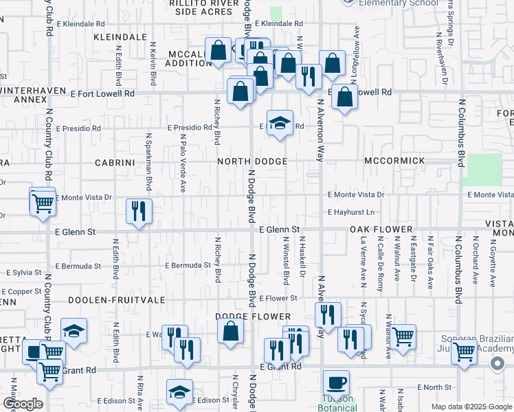 map of restaurants, bars, coffee shops, grocery stores, and more near 2845 North Dodge Boulevard in Tucson