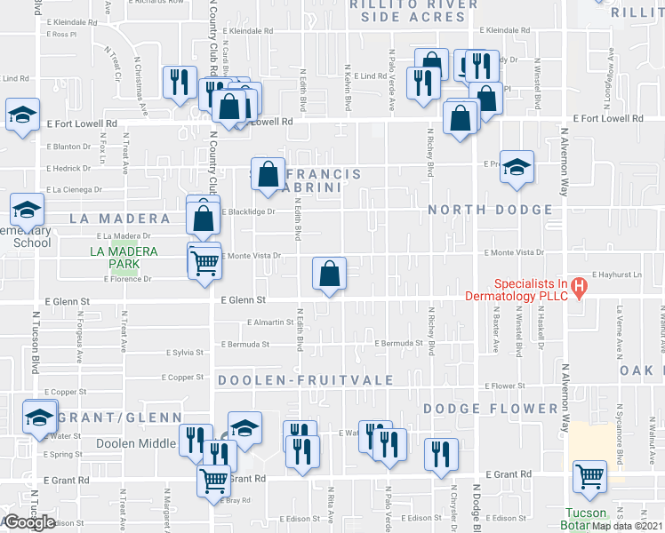 map of restaurants, bars, coffee shops, grocery stores, and more near 2884 North Sparkman Boulevard in Tucson