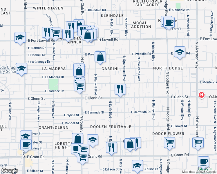 map of restaurants, bars, coffee shops, grocery stores, and more near 2831 North Edith Boulevard in Tucson
