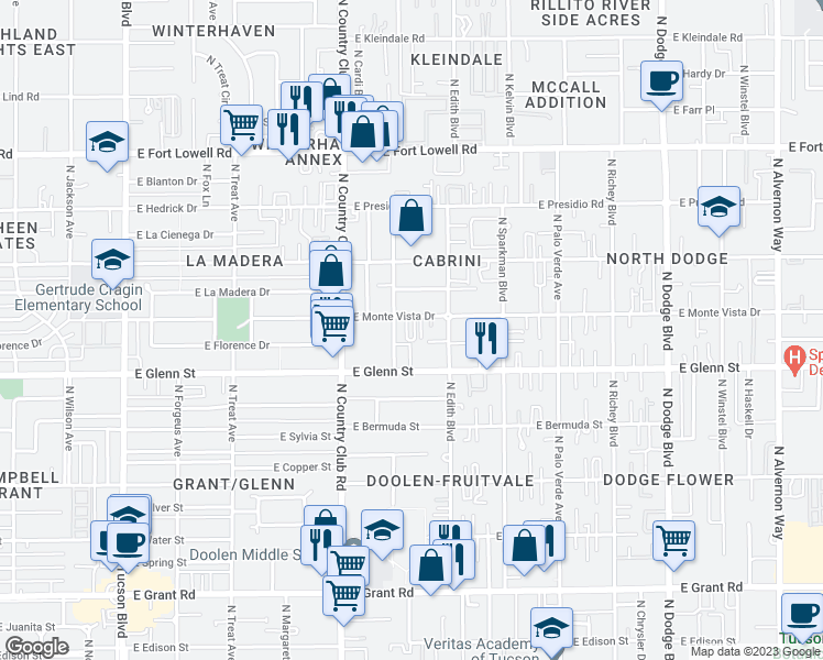 map of restaurants, bars, coffee shops, grocery stores, and more near 2831 North Edith Boulevard in Tucson