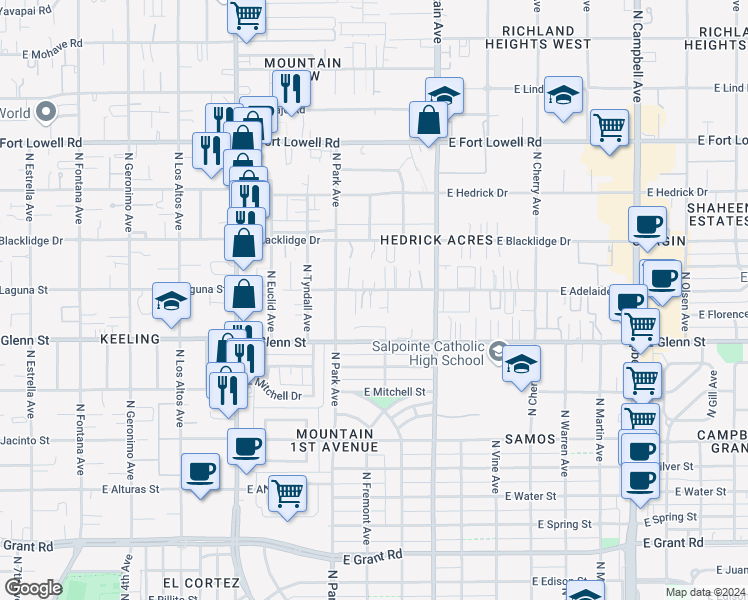 map of restaurants, bars, coffee shops, grocery stores, and more near 2831 North Adelaide Place in Tucson