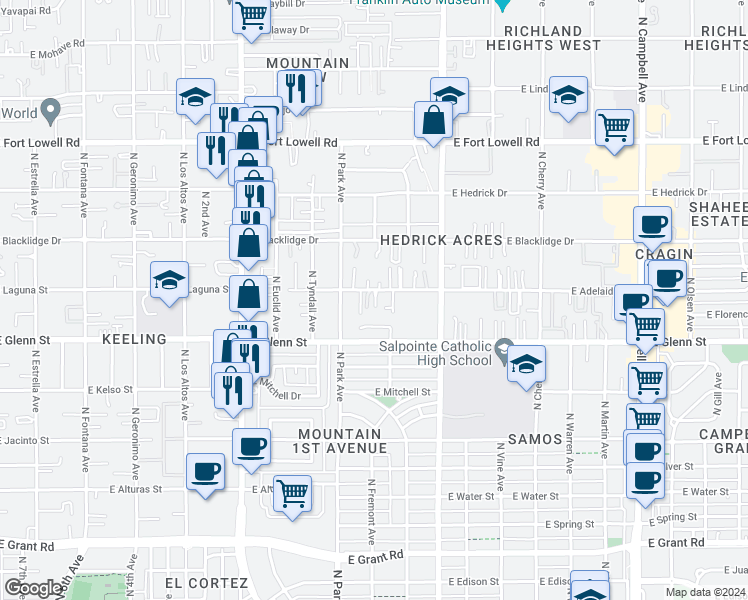 map of restaurants, bars, coffee shops, grocery stores, and more near 2831 North Adelaide Place in Tucson