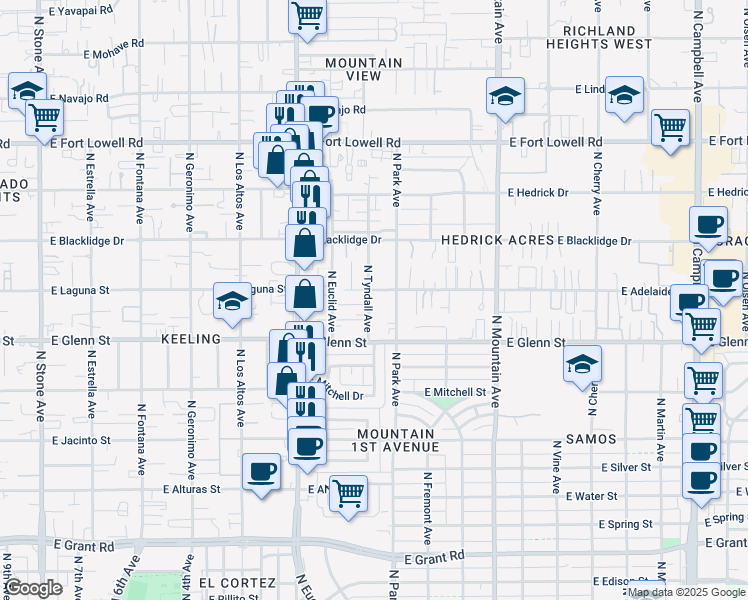 map of restaurants, bars, coffee shops, grocery stores, and more near 2887 North Tyndall Avenue in Tucson