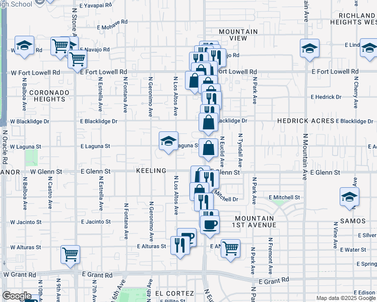 map of restaurants, bars, coffee shops, grocery stores, and more near 532 East Laguna Street in Tucson