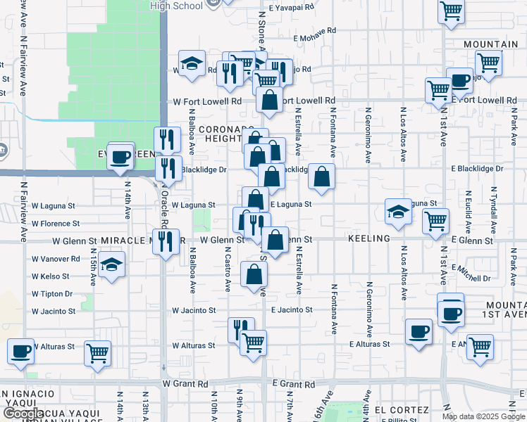 map of restaurants, bars, coffee shops, grocery stores, and more near 2854 North Stone Avenue in Tucson