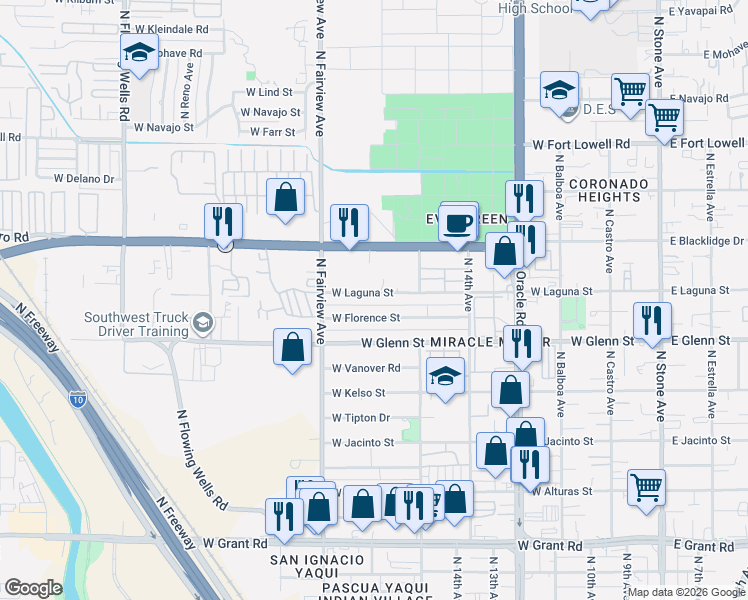 map of restaurants, bars, coffee shops, grocery stores, and more near 819 West Laguna Street in Tucson