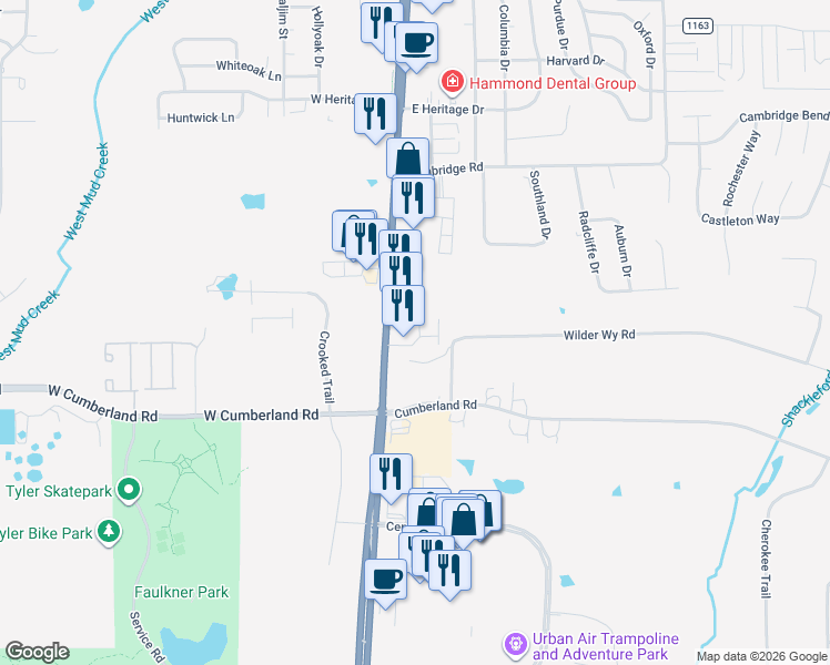 map of restaurants, bars, coffee shops, grocery stores, and more near 8288 South Broadway Avenue in Tyler