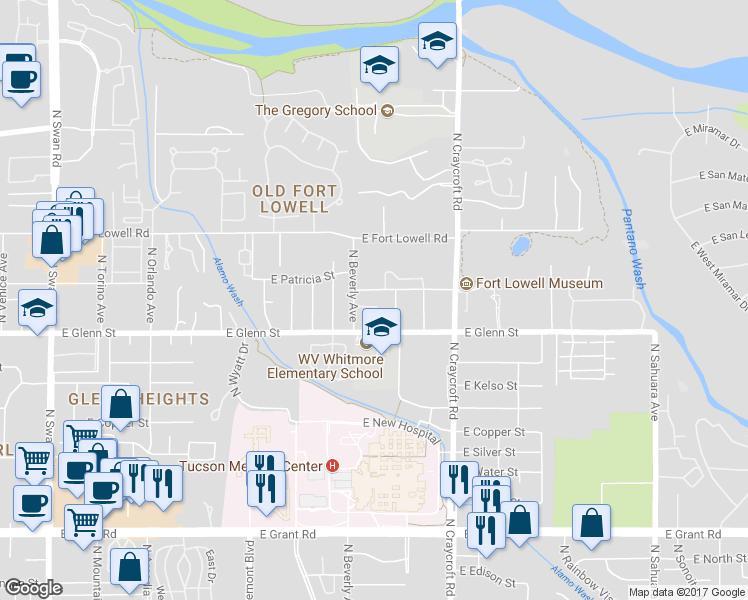 map of restaurants, bars, coffee shops, grocery stores, and more near 2872 North Beverly Avenue in Tucson
