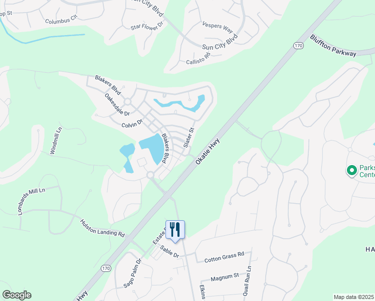 map of restaurants, bars, coffee shops, grocery stores, and more near 120 Slater Street in Bluffton