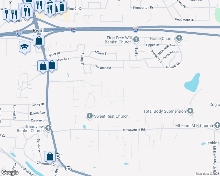 map of restaurants, bars, coffee shops, grocery stores, and more near 427 Poplar Boulevard in Pearl