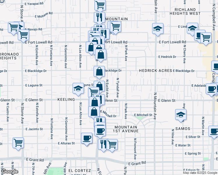 map of restaurants, bars, coffee shops, grocery stores, and more near 2856 North Euclid Avenue in Tucson