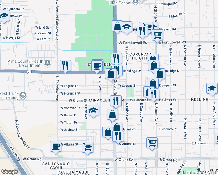 map of restaurants, bars, coffee shops, grocery stores, and more near 441 West Laguna Street in Tucson
