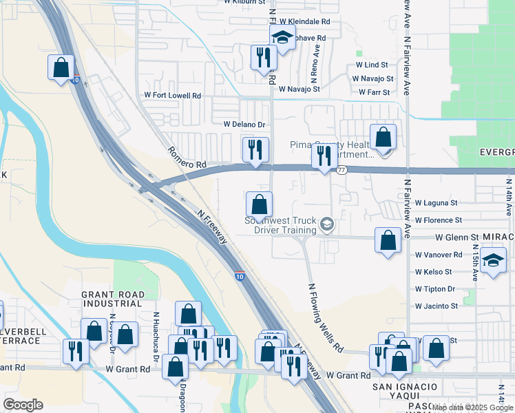 map of restaurants, bars, coffee shops, grocery stores, and more near 2871-2905 North Flowing Wells Road in Tucson