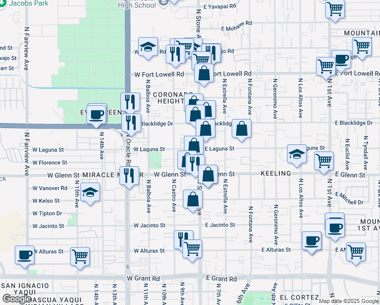 map of restaurants, bars, coffee shops, grocery stores, and more near 21 West Laguna Street in Tucson