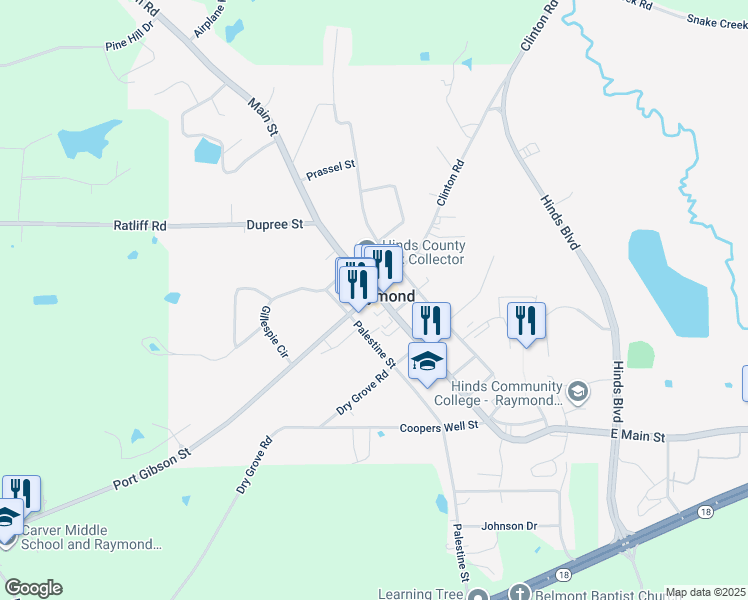 map of restaurants, bars, coffee shops, grocery stores, and more near 104 East Main Street in Raymond