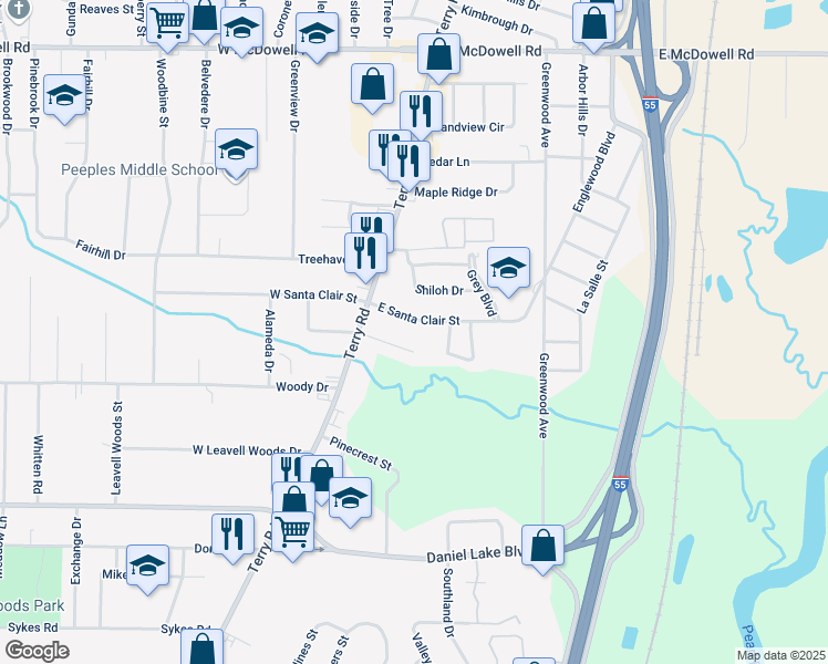 map of restaurants, bars, coffee shops, grocery stores, and more near 145 East Santa Clair Street in Jackson