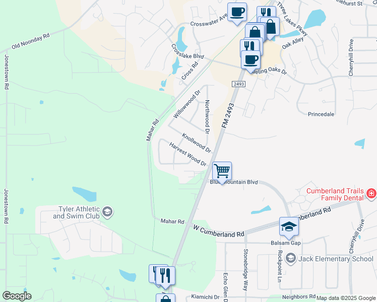map of restaurants, bars, coffee shops, grocery stores, and more near 10850 Harvest Wood Drive in Tyler